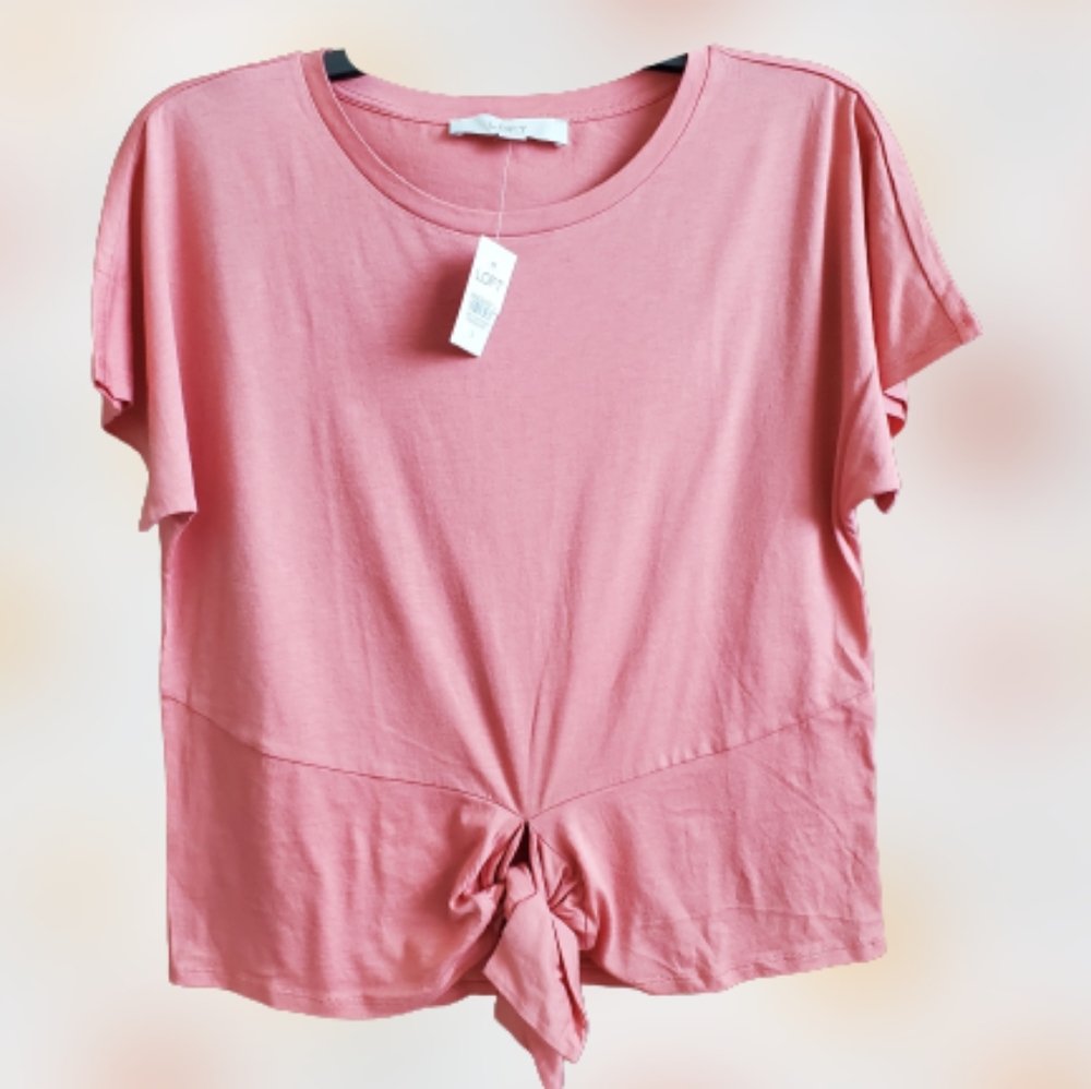 LOFT knit round neck front tie knot tshirt, small, pink - Picture 3 of 9